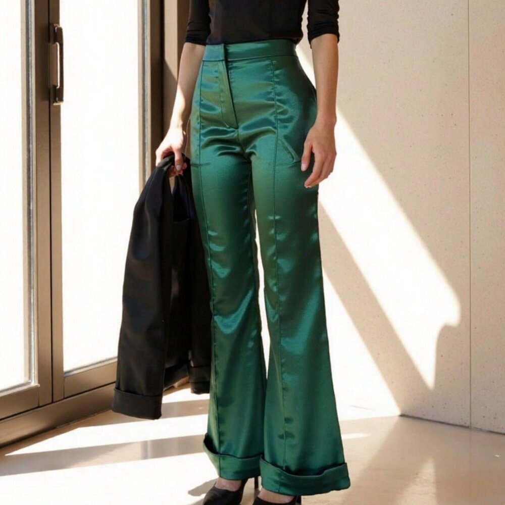 Green Elegant Women's Satin Pocket Flared Pants